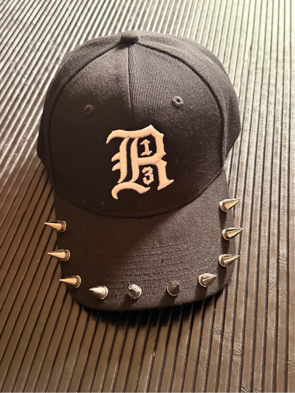 R13 Black Baseball Cap with White Gothic '13' Logo and Silver Spikes